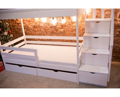 Кроватка - Двухъярусная - с лесенкой и комодом - береза - 160х80